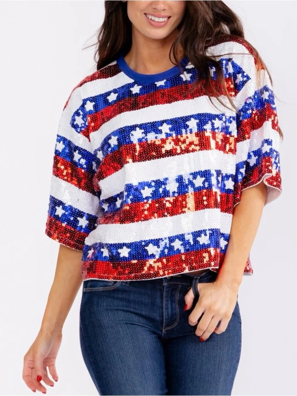 Sequin Star Striped Short Sleeve Top - Red, White & Blue - Picture 1 of 3